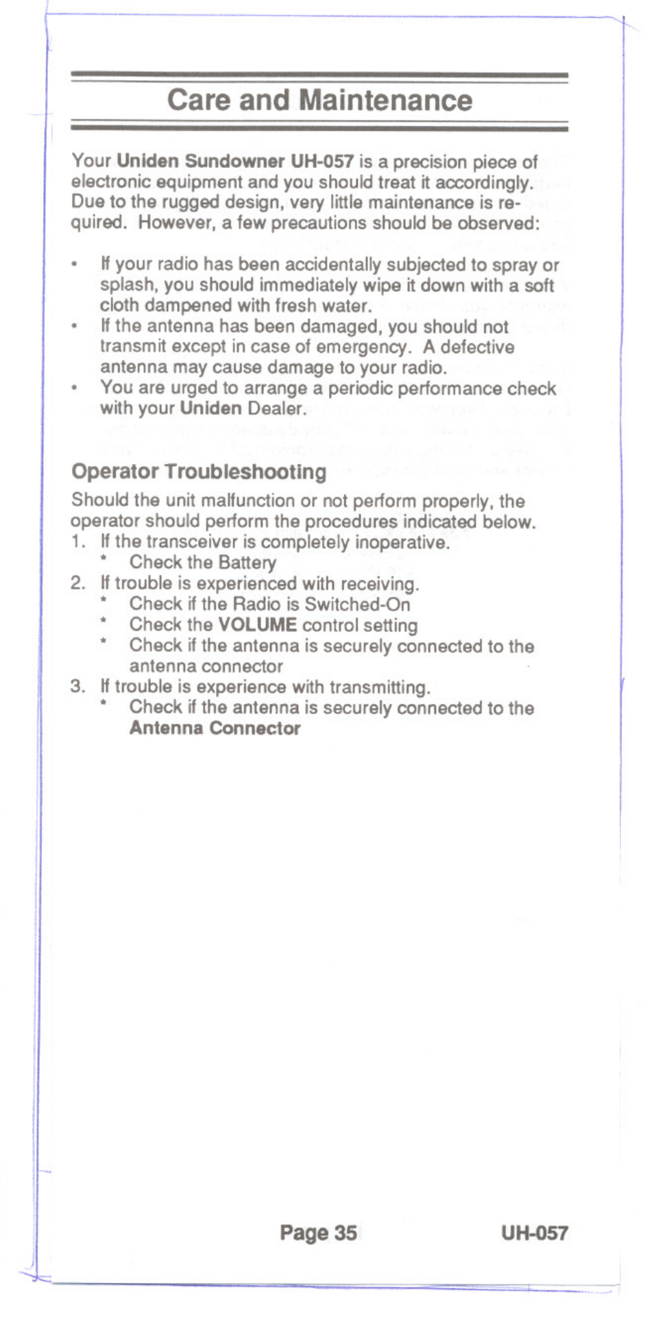 Care and maintenance, Operator troubleshooting | Uniden UH-057 User Manual | Page 37 / 44