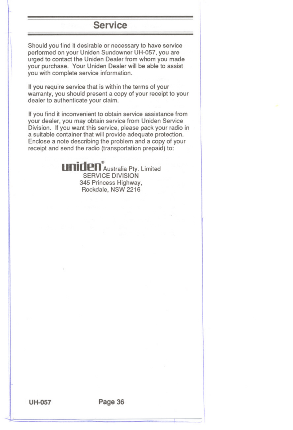 Service, Uniden | Uniden UH-057 User Manual | Page 38 / 44