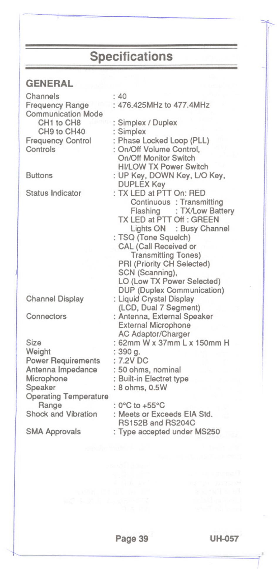 Specifications, Simplex, General | Uniden UH-057 User Manual | Page 41 / 44