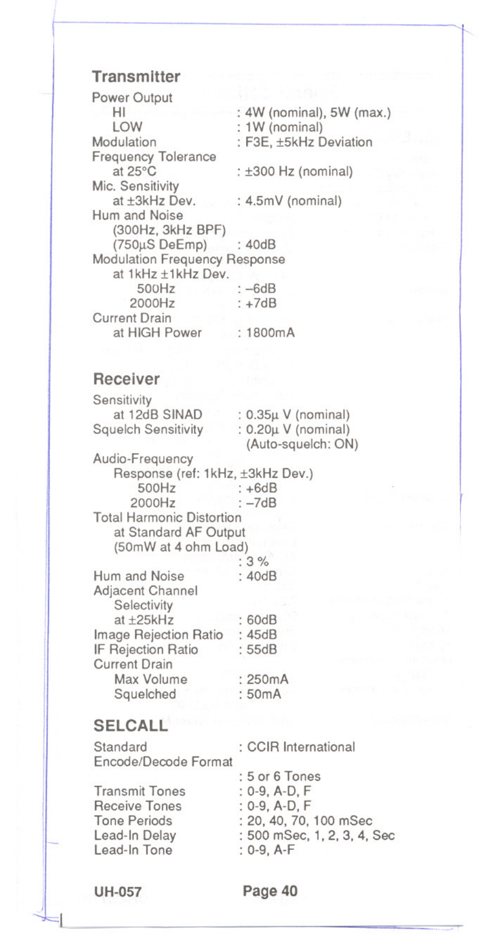 Transmitter, Receiver, Selcall | Uniden UH-057 User Manual | Page 42 / 44