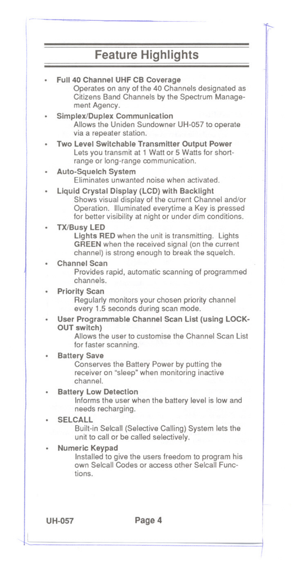 Feature highlights | Uniden UH-057 User Manual | Page 6 / 44