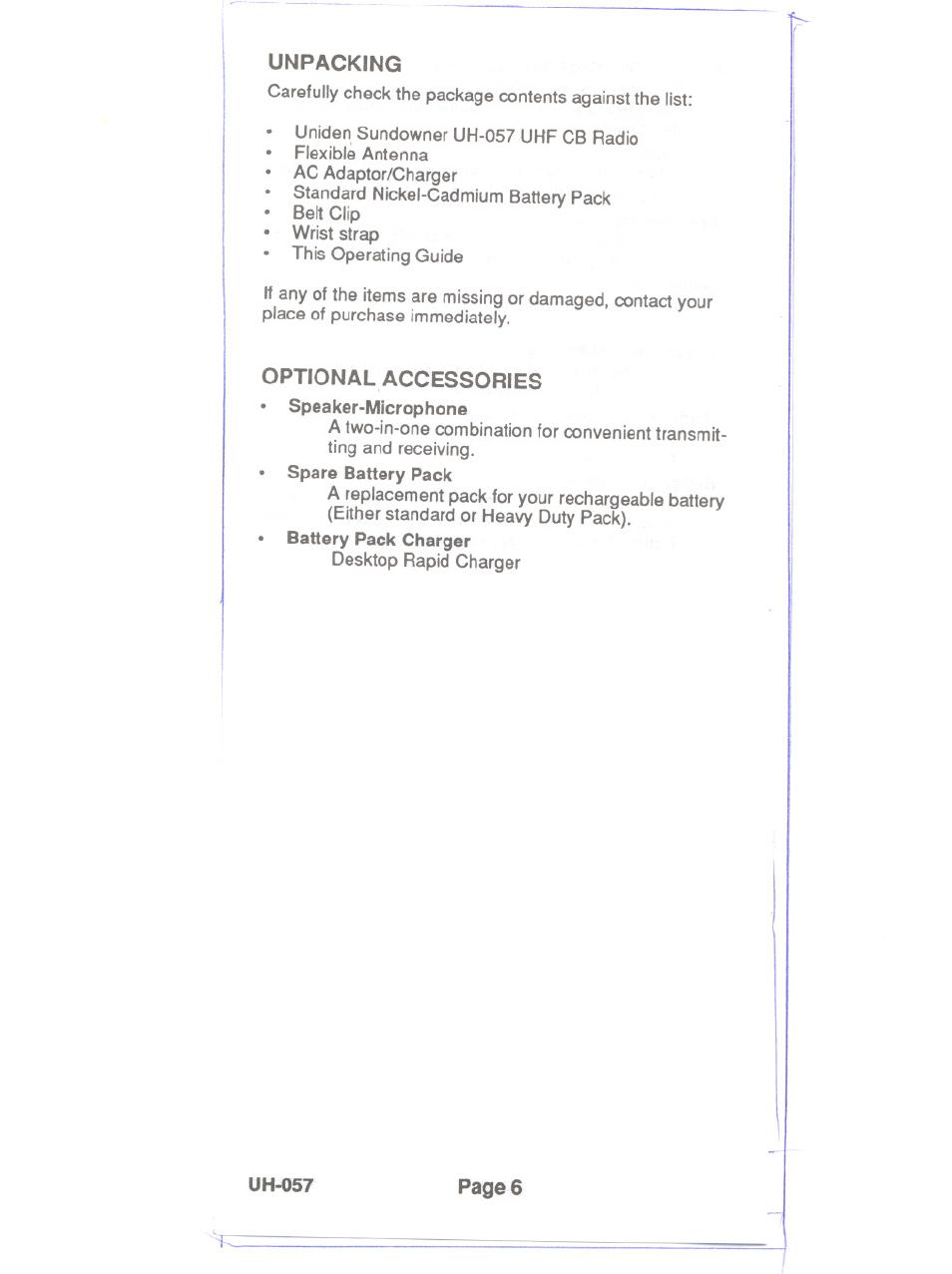 Unpacking, Optional accessories | Uniden UH-057 User Manual | Page 8 / 44