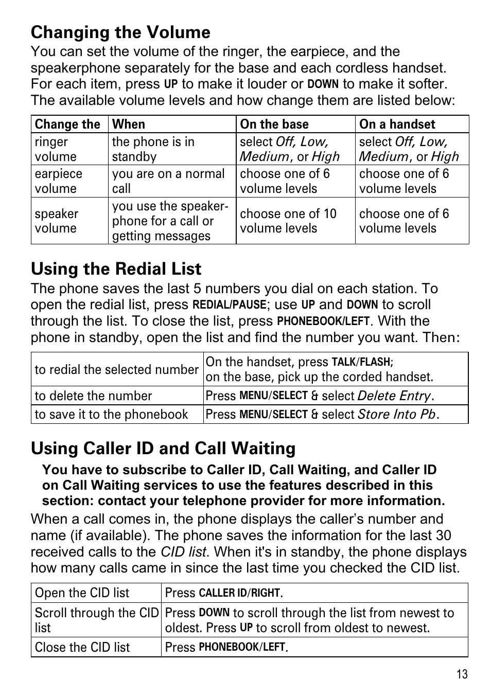 Changing the volume, Using the redial list, Using caller id and call waiting | Uniden DECT2188 Series User Manual | Page 15 / 36