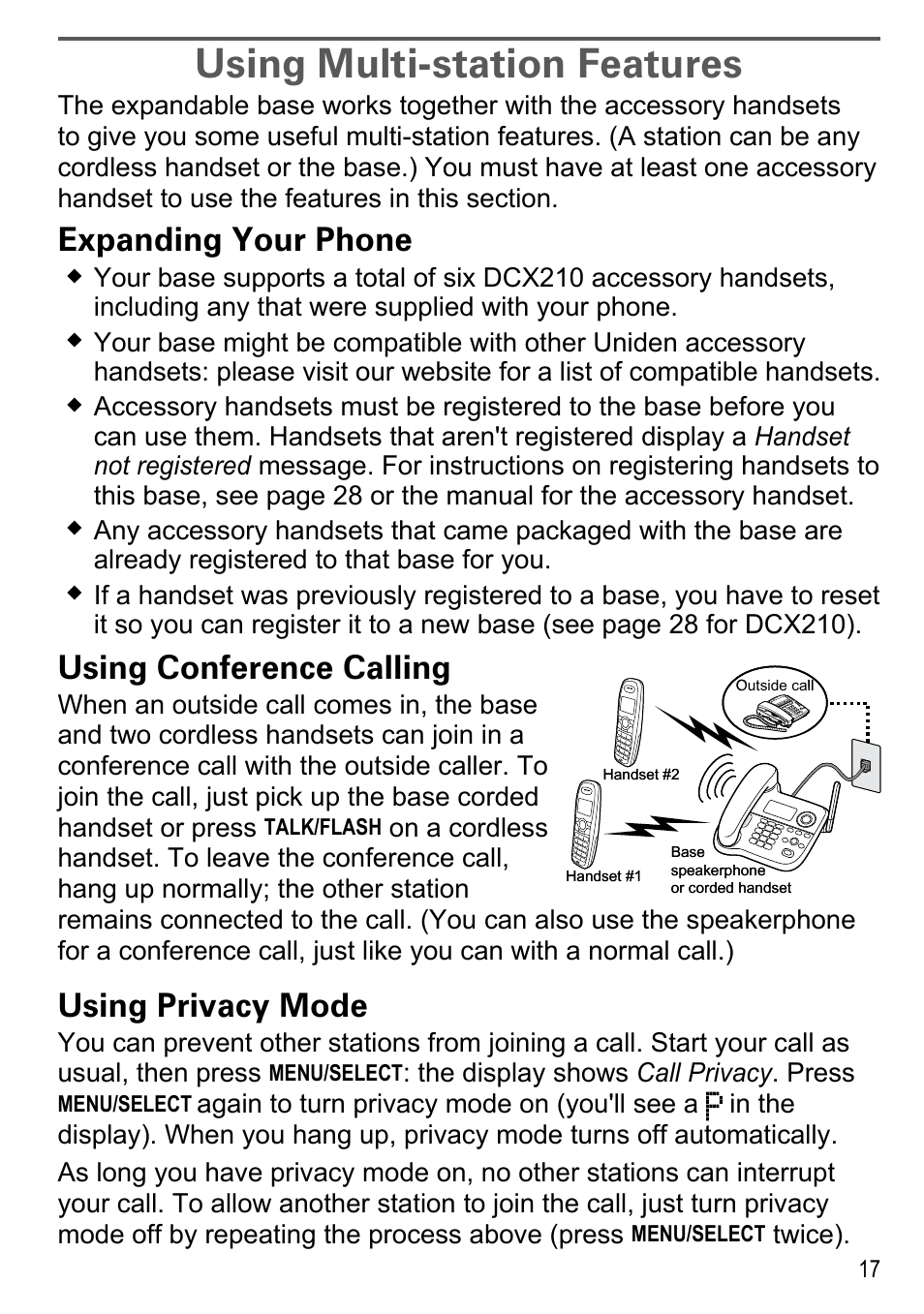 Using multi-station features, Expanding your phone, Using conference calling | Using privacy mode | Uniden DECT2188 Series User Manual | Page 19 / 36