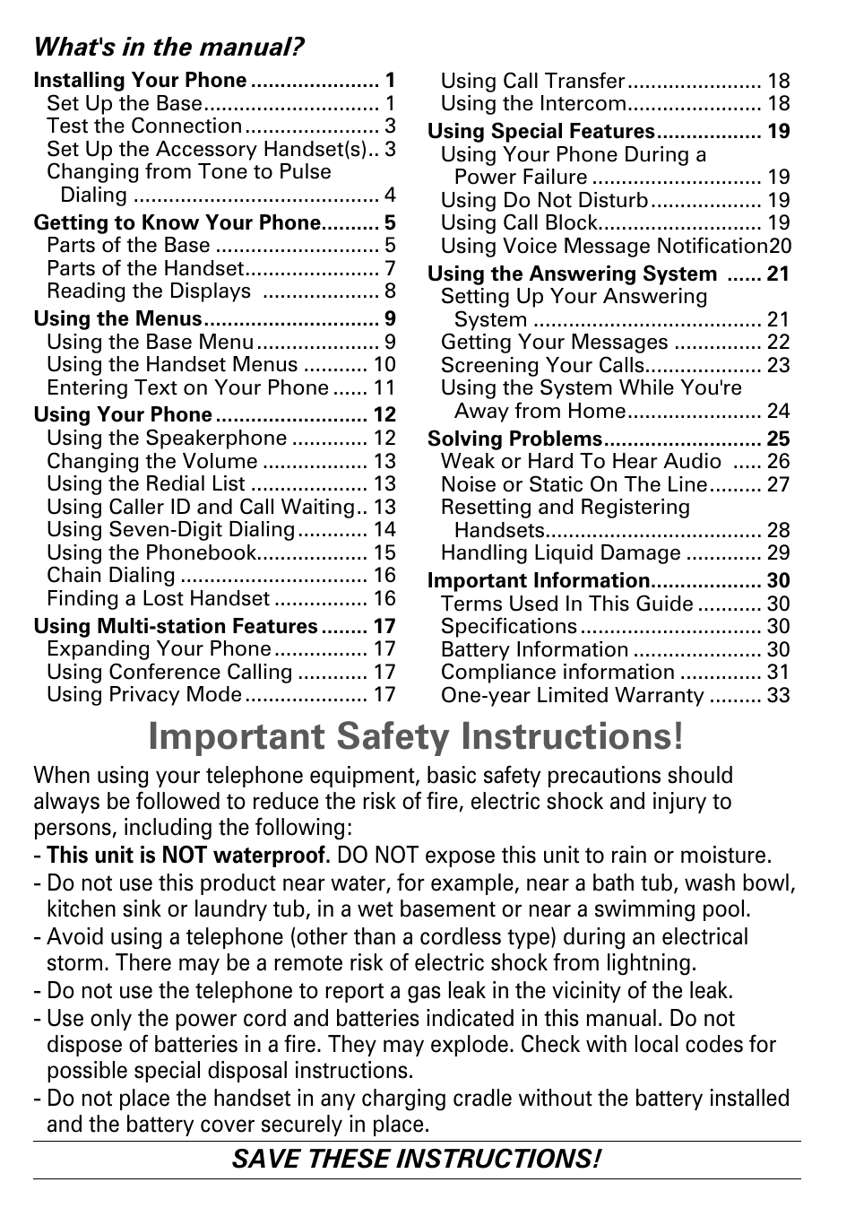 Important safety instructions, Save these instructions, What's in the manual | Uniden DECT2188 Series User Manual | Page 2 / 36