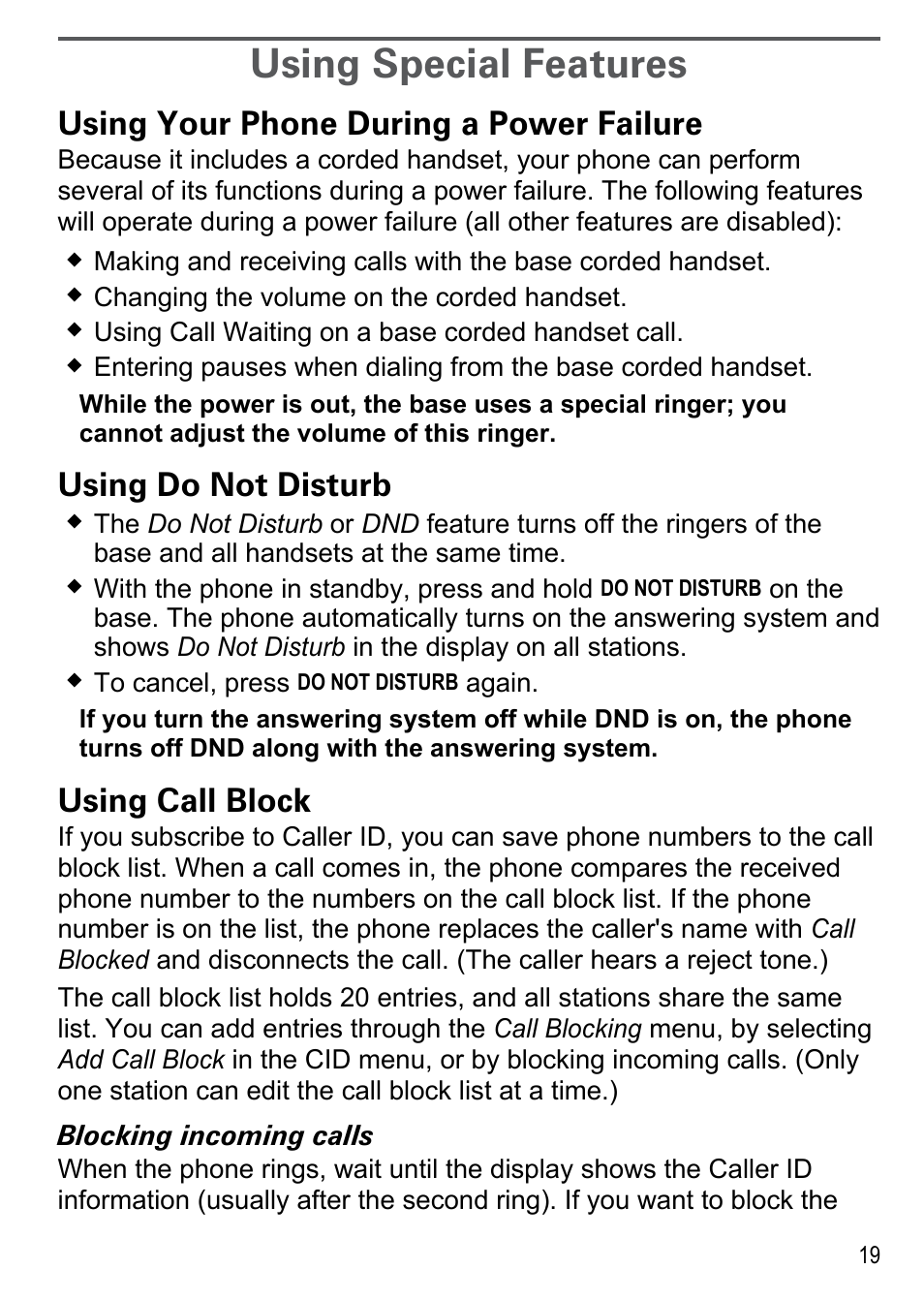 Using special features, Using your phone during a, Power failure | Using do not disturb, Using call block, Using your phone during a power failure | Uniden DECT2188 Series User Manual | Page 21 / 36