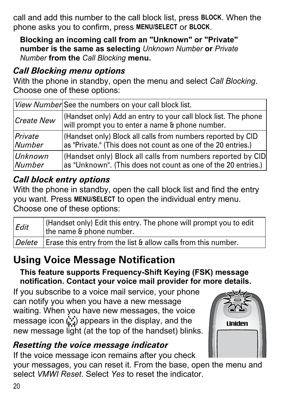 Using voice message notification 20, Using voice message notification | Uniden DECT2188 Series User Manual | Page 22 / 36