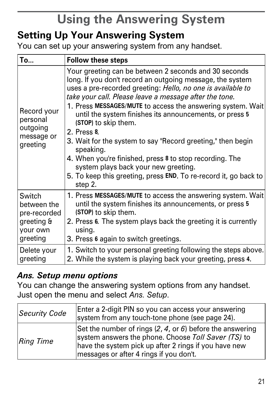 Using the answering system, Setting up your answering, System | Setting up your answering system | Uniden DECT2188 Series User Manual | Page 23 / 36