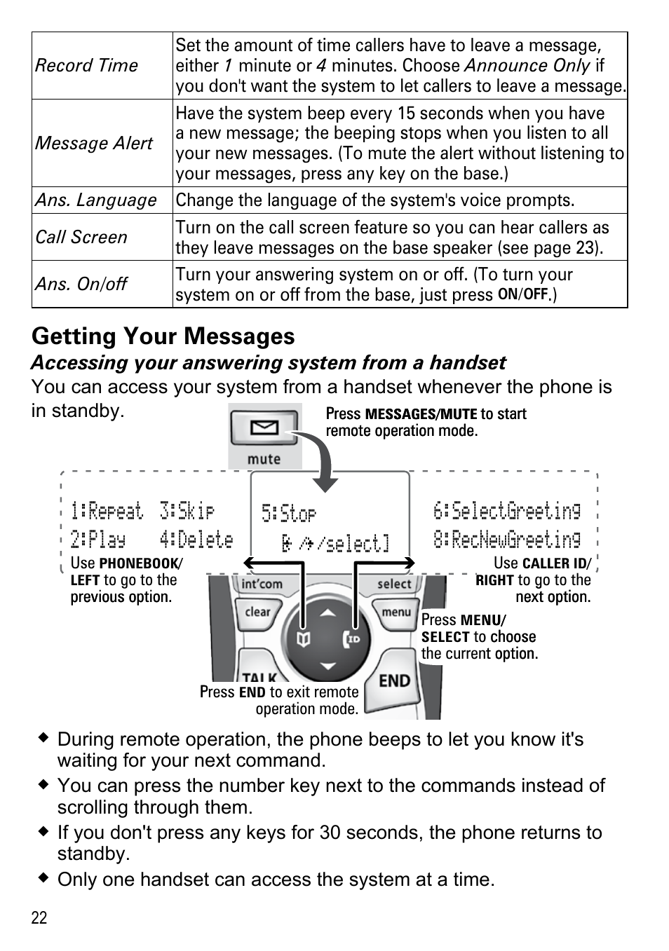 Getting your messages, Stop [ / /select, Accessing your answering system from a handset | Uniden DECT2188 Series User Manual | Page 24 / 36