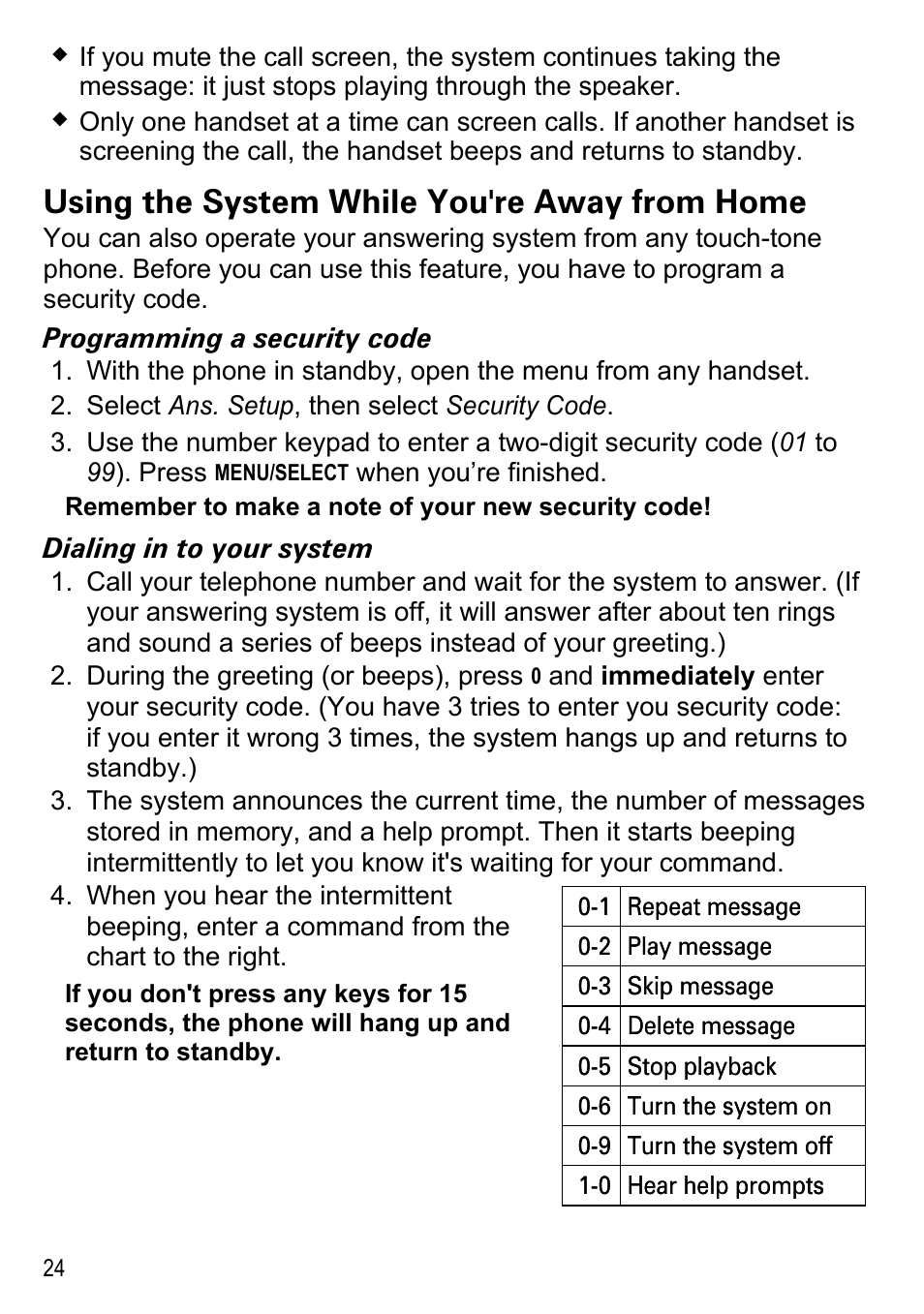 Using the system while you're, Away from home, Using the system while you're away from home | Uniden DECT2188 Series User Manual | Page 26 / 36