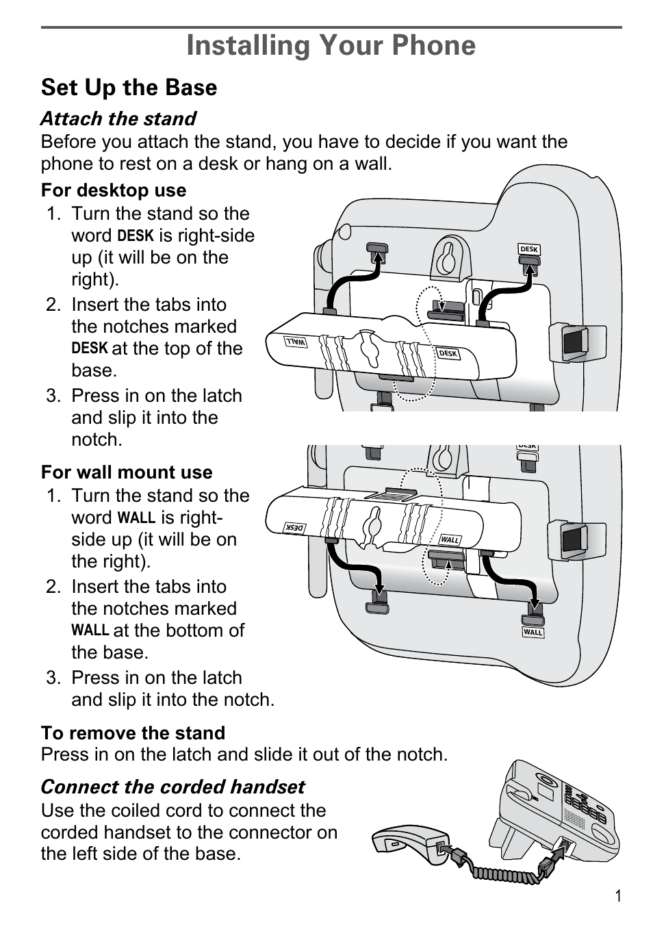 Installing your phone, Set up the base, Attach the stand | Connect the corded handset | Uniden DECT2188 Series User Manual | Page 3 / 36