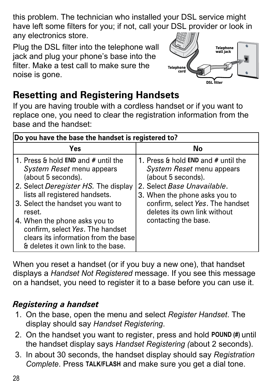 Resetting and registering, Handsets, Resetting and registering handsets | Registering a handset | Uniden DECT2188 Series User Manual | Page 30 / 36