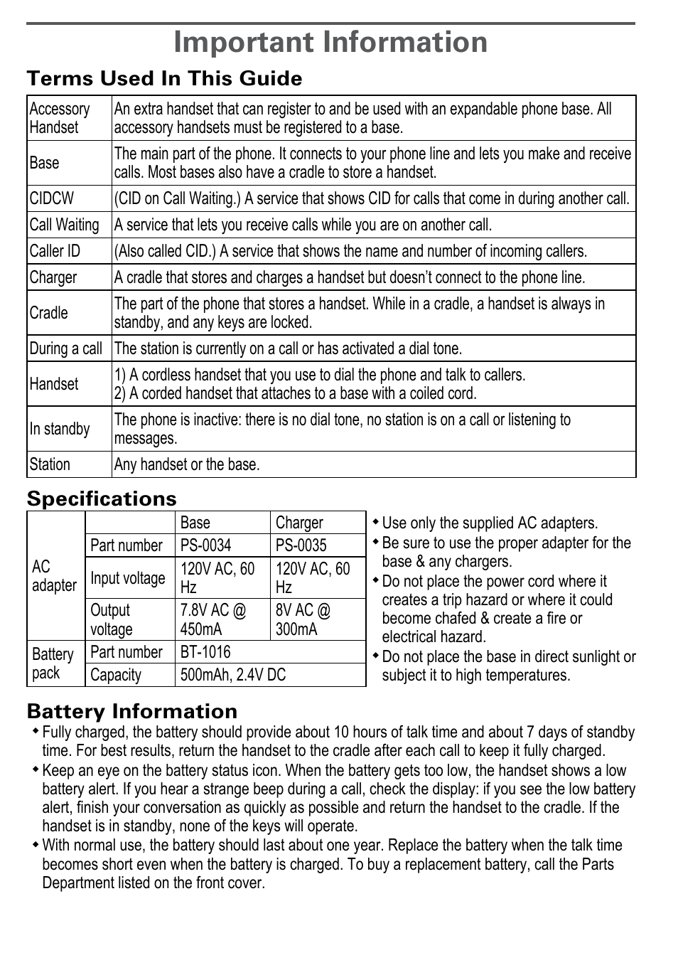 Important information, Terms used in this guide, Specifications | Battery information | Uniden DECT2188 Series User Manual | Page 32 / 36