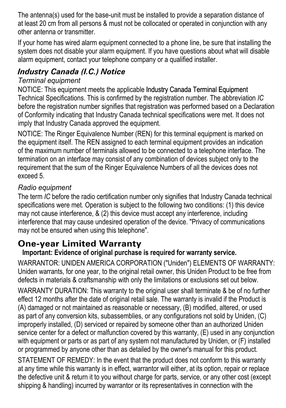 One-year limited warranty | Uniden DECT2188 Series User Manual | Page 35 / 36