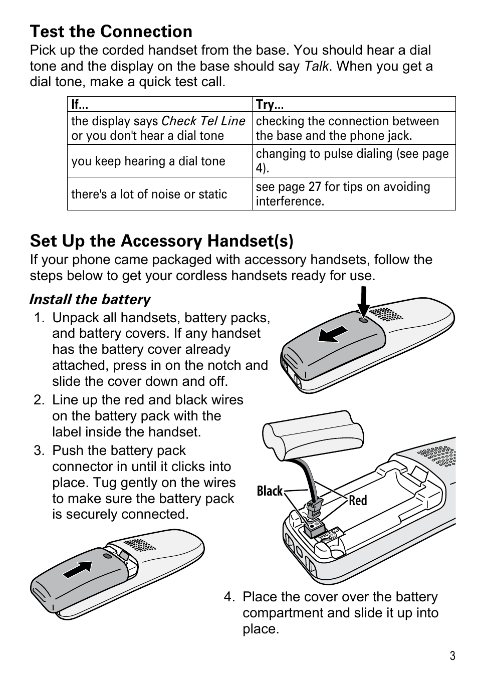 Test the connection, Set up the accessory handset(s) | Uniden DECT2188 Series User Manual | Page 5 / 36