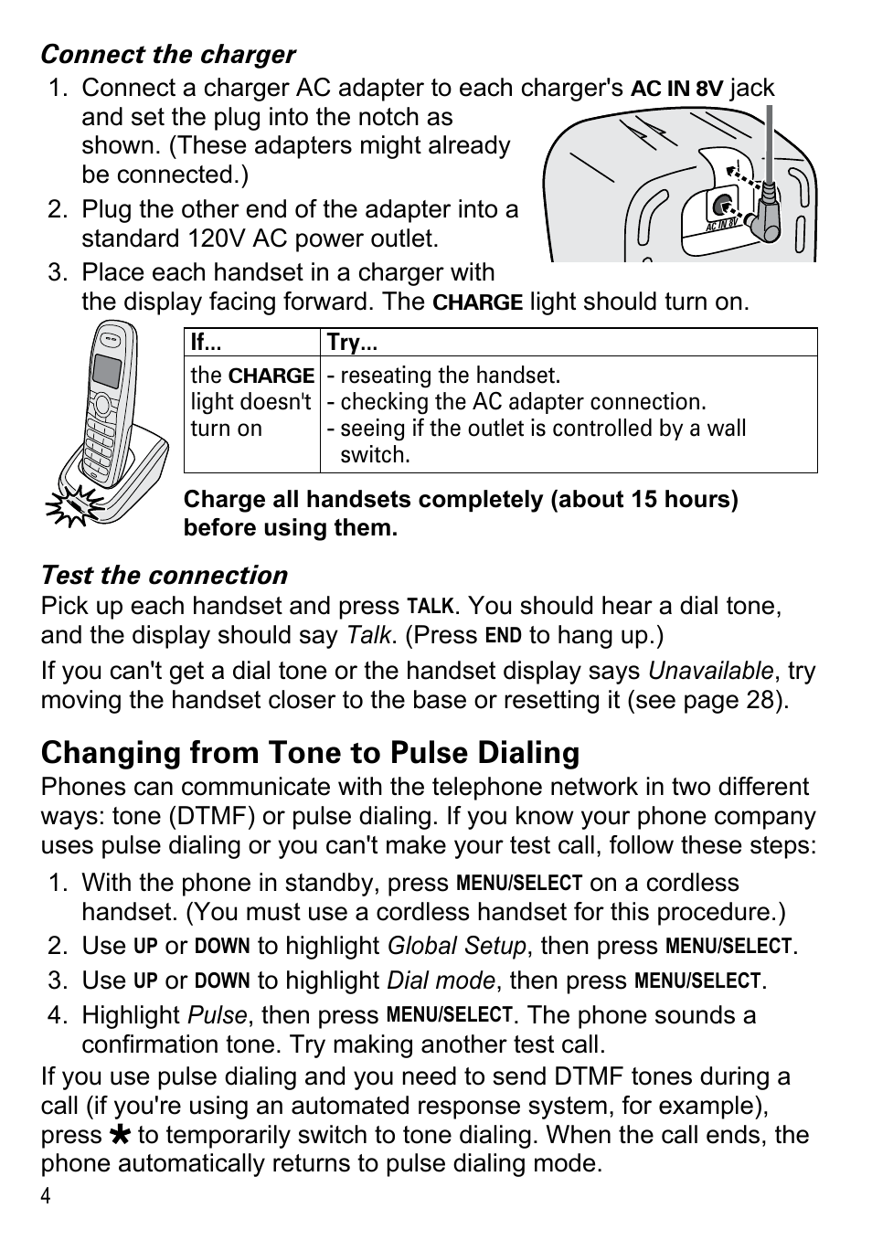 Changing from tone to pulse, Dialing, Changing from tone to pulse dialing | Uniden DECT2188 Series User Manual | Page 6 / 36