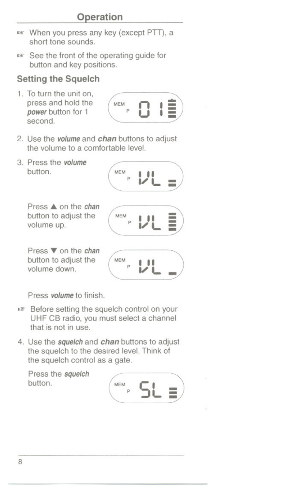 Operation, Setting the squelch, 5l 5 | Uniden UH054A User Manual | Page 11 / 27
