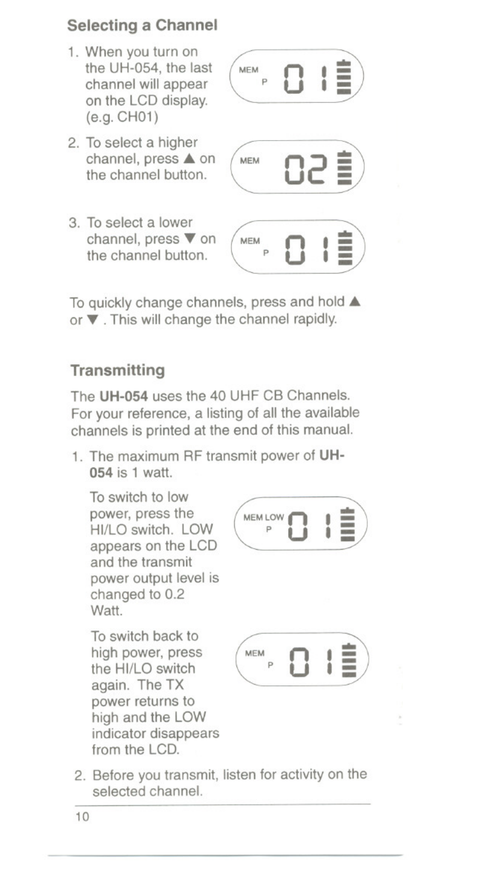 Selecting a channel, Transmitting | Uniden UH054A User Manual | Page 13 / 27