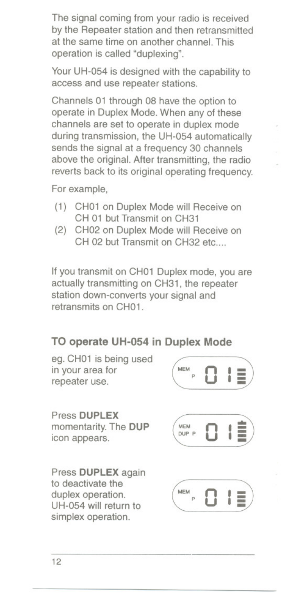 To operate uh-054 in duplex mode | Uniden UH054A User Manual | Page 15 / 27
