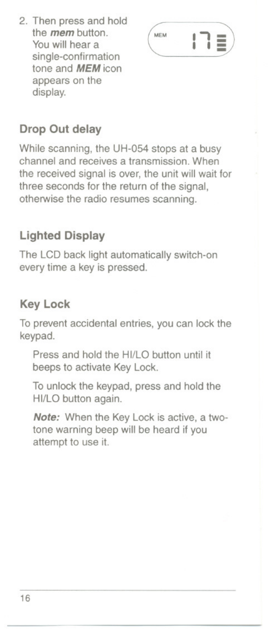 Drop out delay, Lighted display, Key lock | Uniden UH054A User Manual | Page 19 / 27