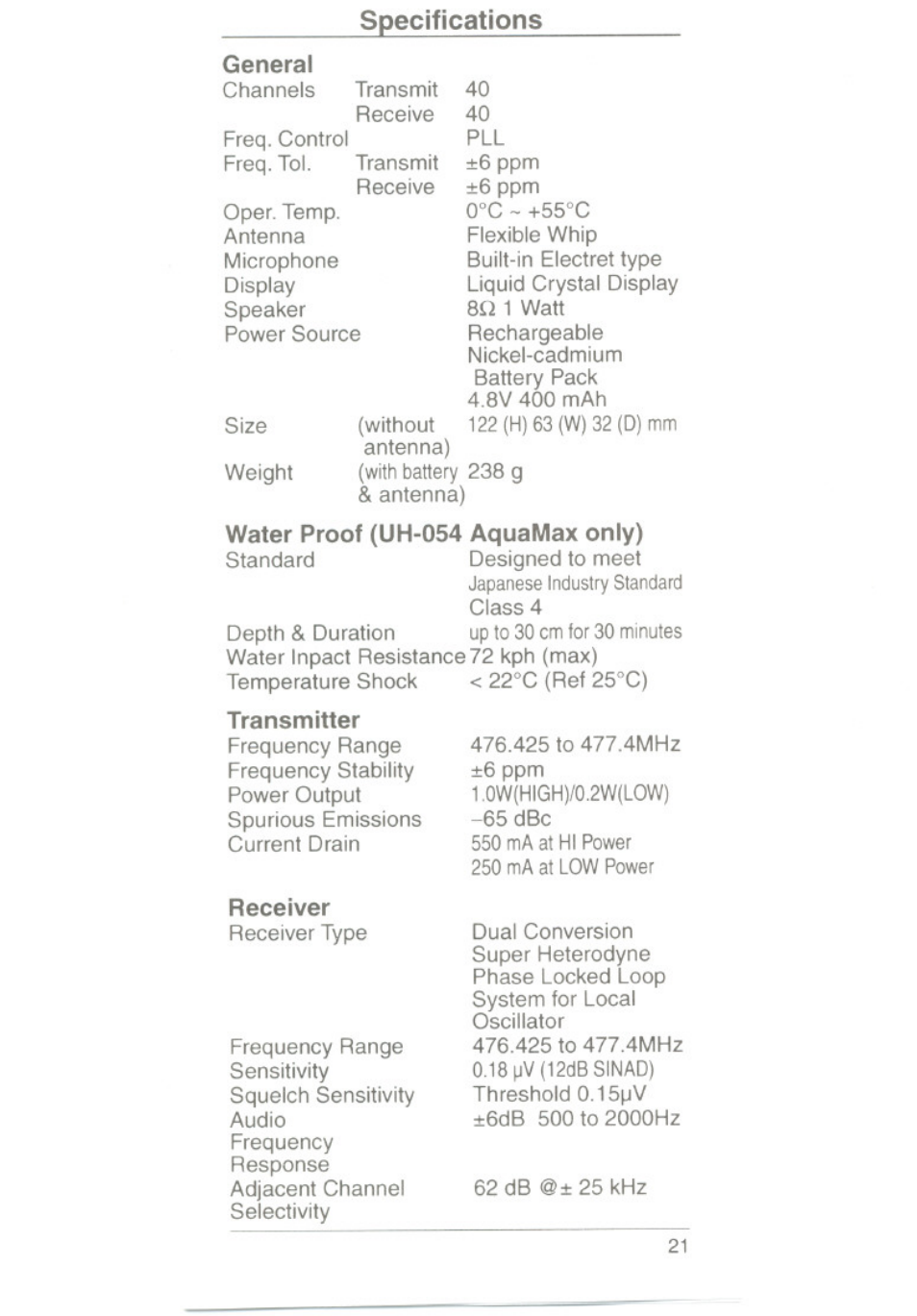 Specifications, Water proof (uh-054 aquamax only), Transmitter | Receiver | Uniden UH054A User Manual | Page 24 / 27