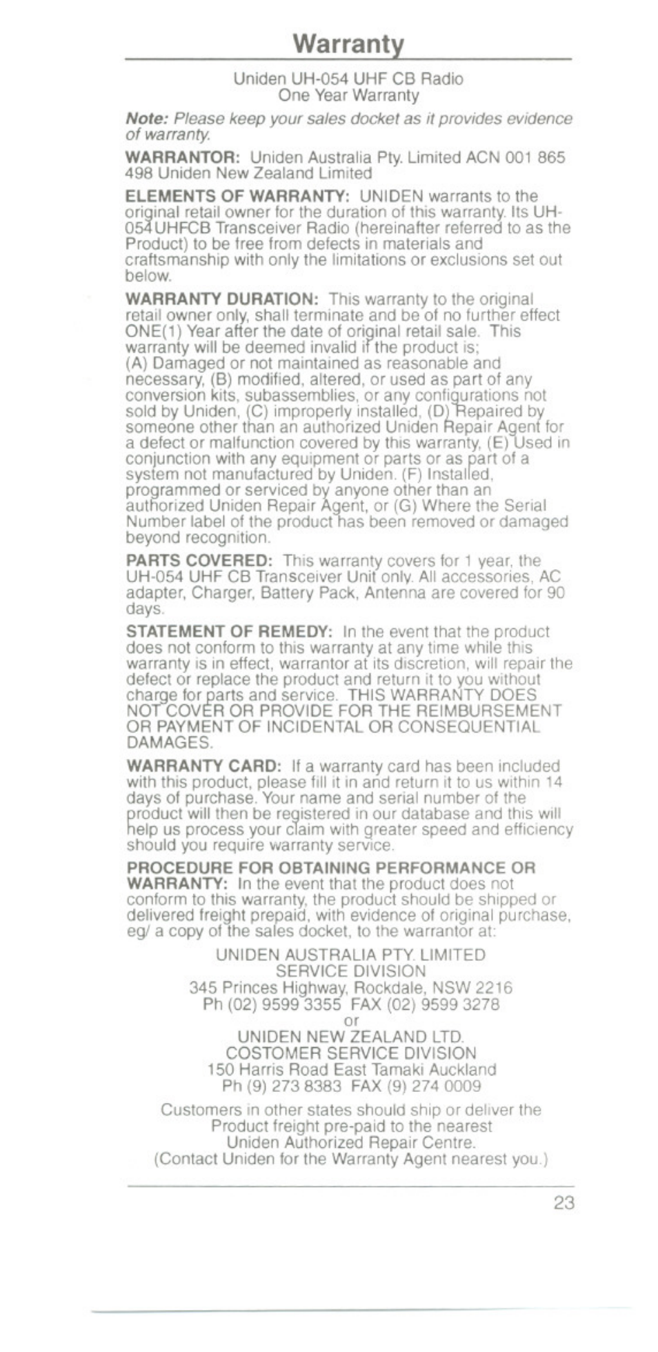 Warranty | Uniden UH054A User Manual | Page 26 / 27