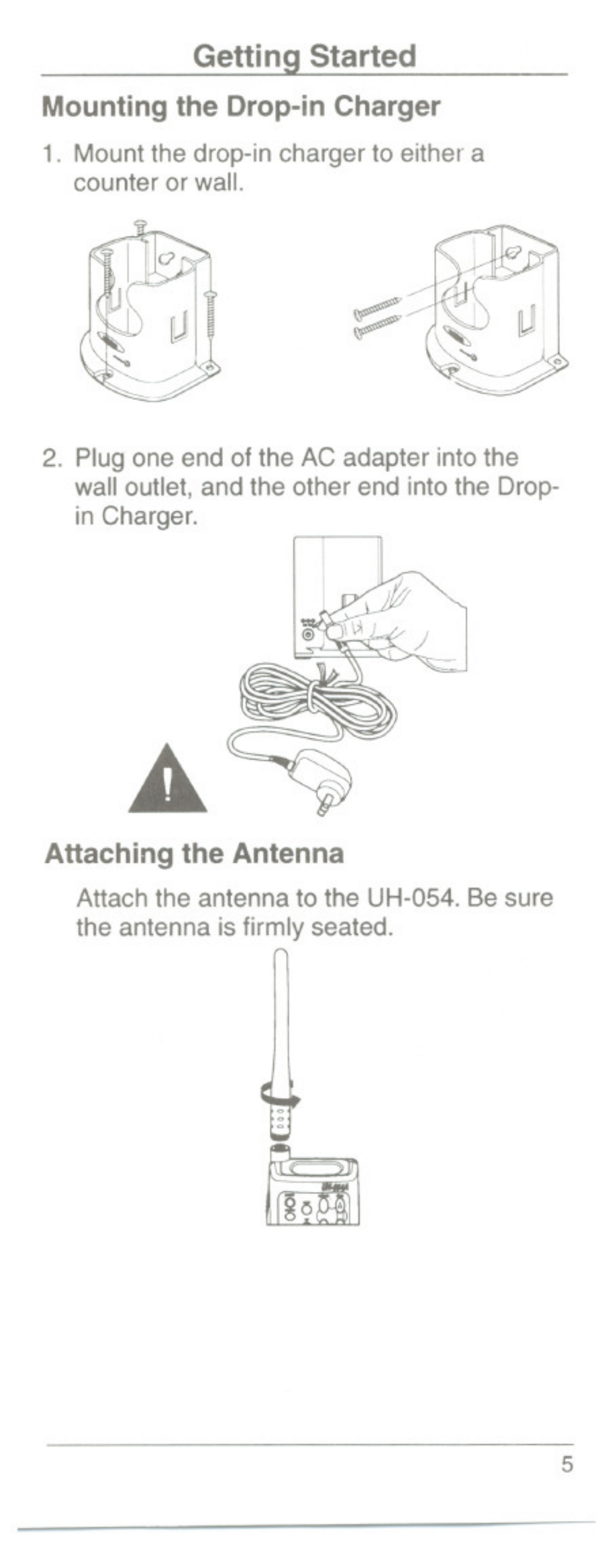 Getting started, Mounting the drop-in charger, Attaching the antenna | Uniden UH054A User Manual | Page 8 / 27