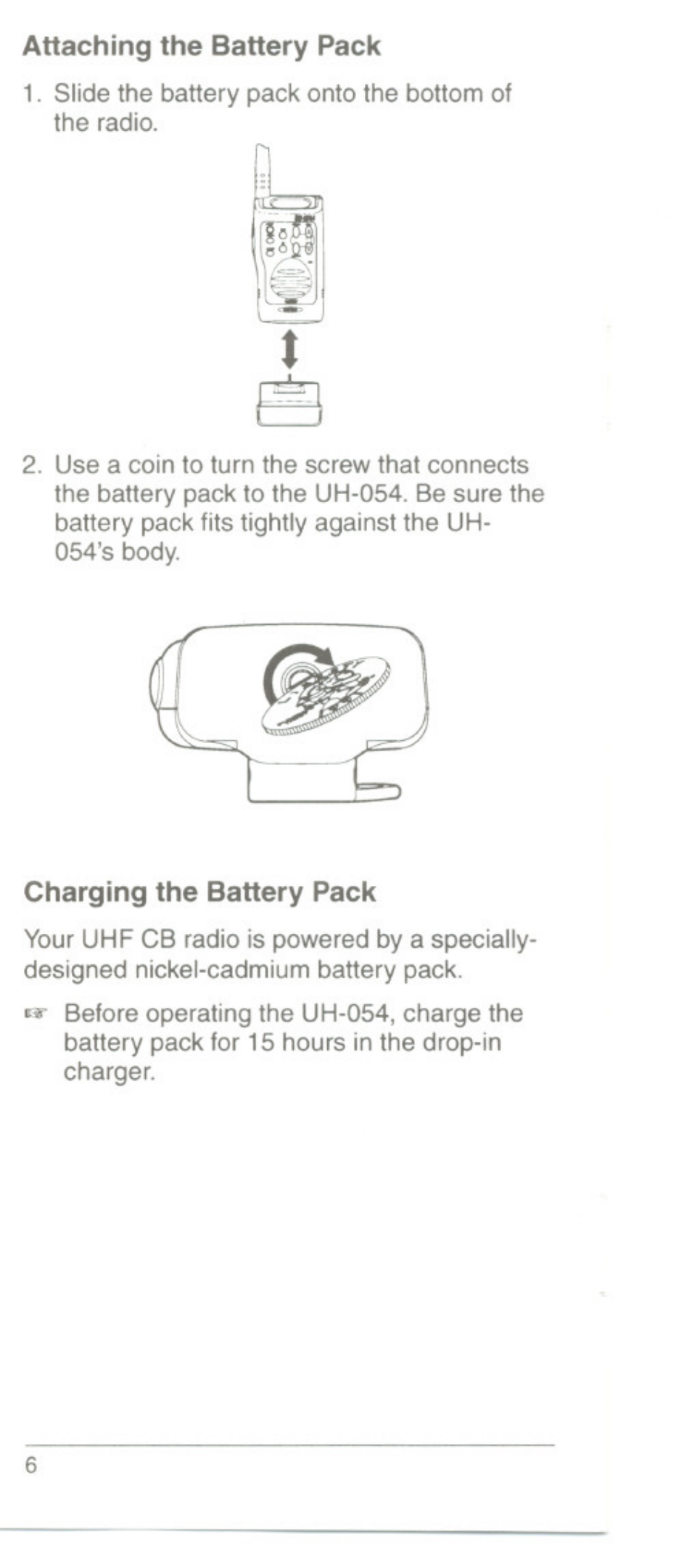 Attaching the battery pack, Charging the battery pack | Uniden UH054A User Manual | Page 9 / 27