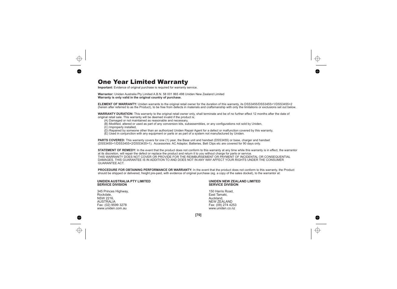 One year limited warranty | Uniden DSS3455+1 User Manual | Page 71 / 72