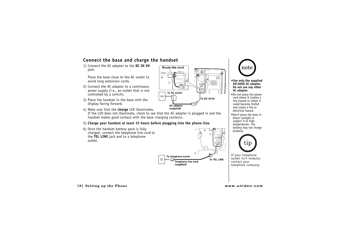 Connect the base and charge the handset | Uniden CLX475 User Manual | Page 10 / 92