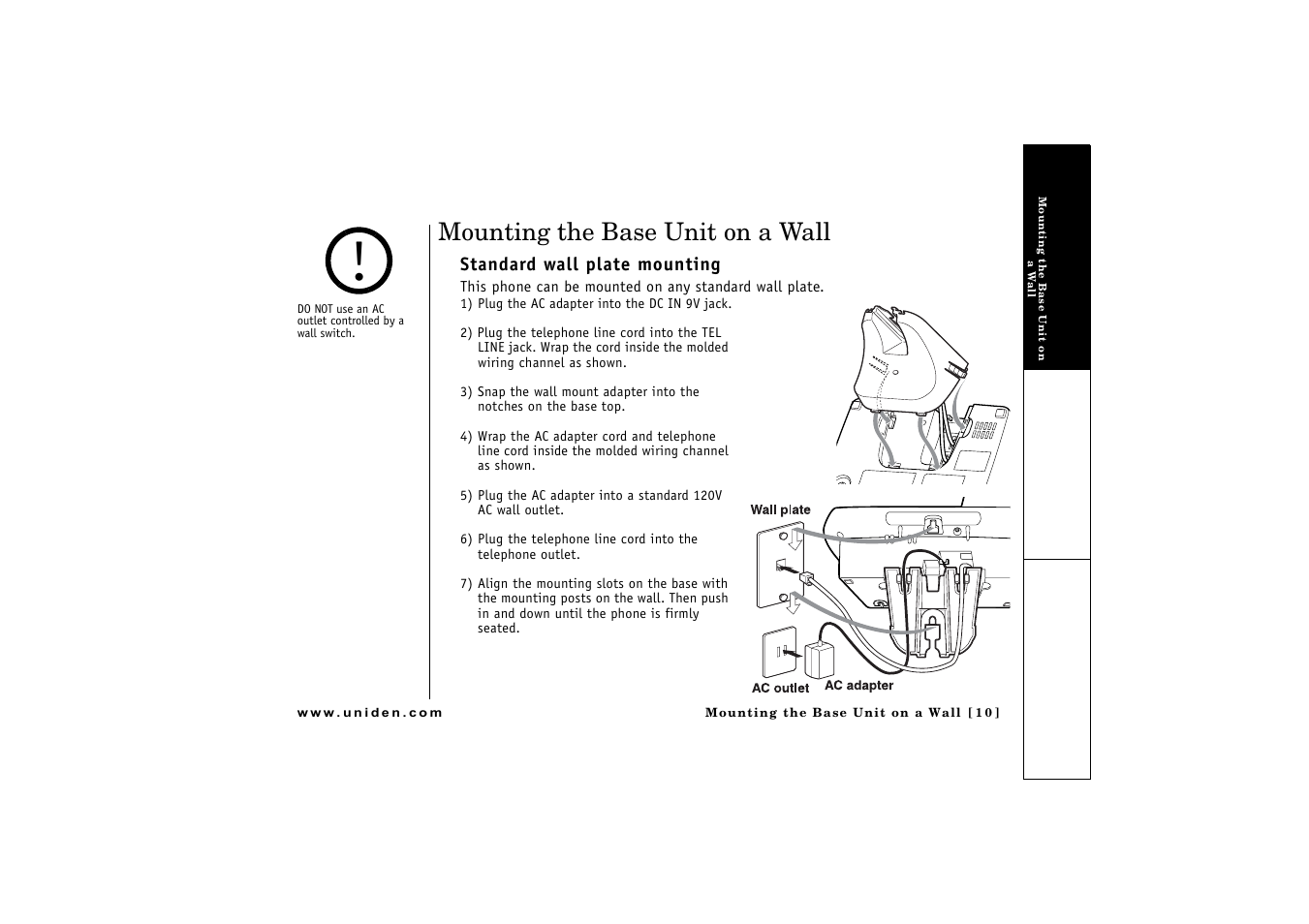 Mounting the base unit on a wall, Standard wall plate mounting | Uniden CLX475 User Manual | Page 11 / 92