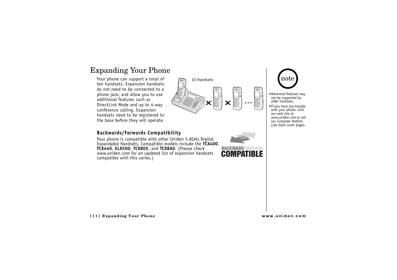 Expanding your phone, Backwards/forwards compatibility | Uniden CLX475 User Manual | Page 12 / 92