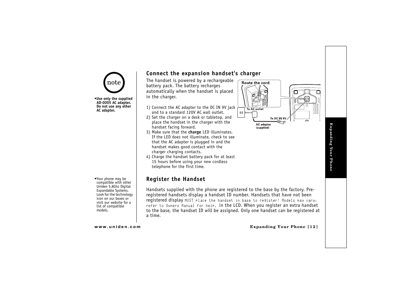 Connect the expansion handset's charger, Register the handset | Uniden CLX475 User Manual | Page 13 / 92