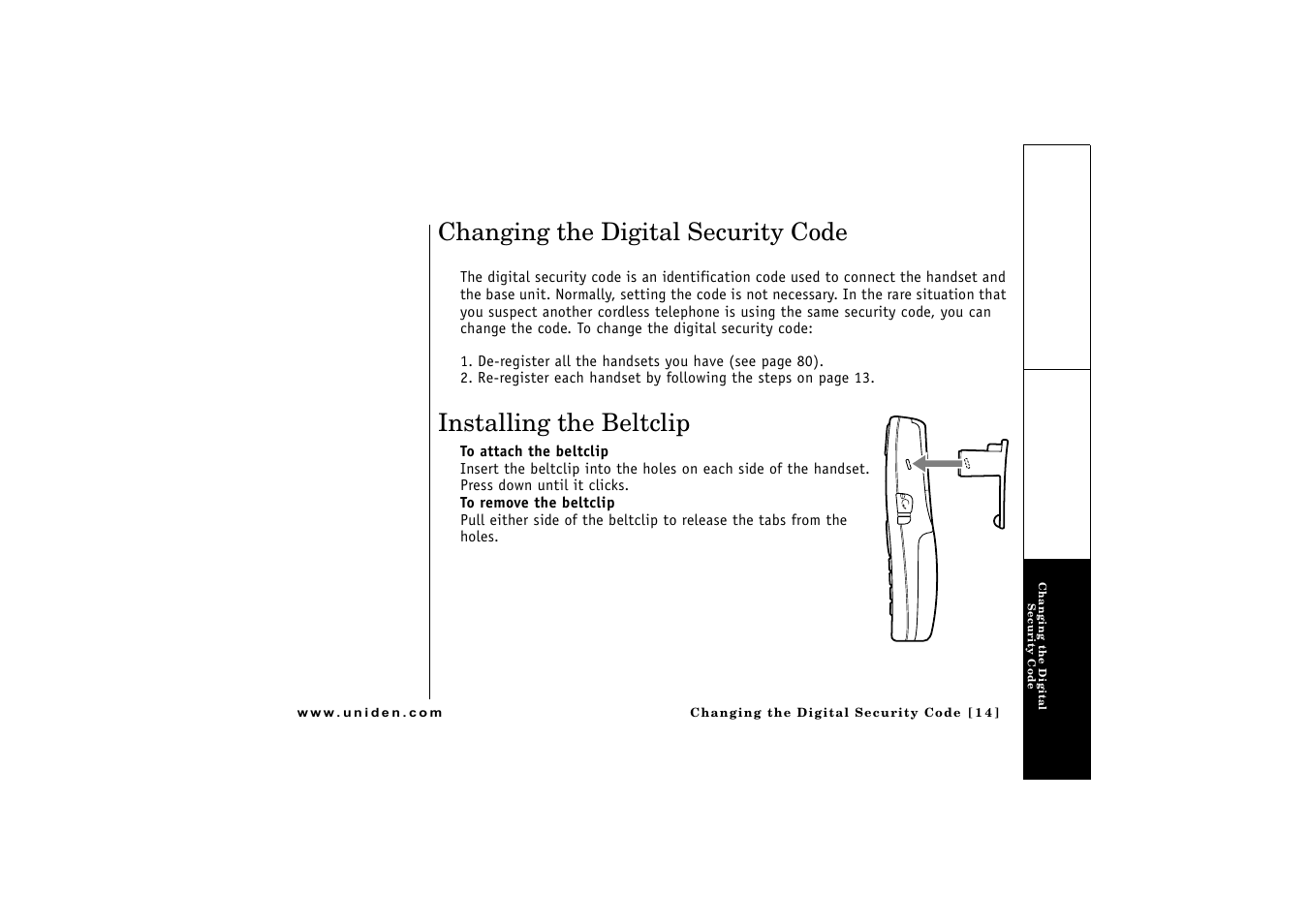 Changing the digital security code, Installing the beltclip | Uniden CLX475 User Manual | Page 15 / 92