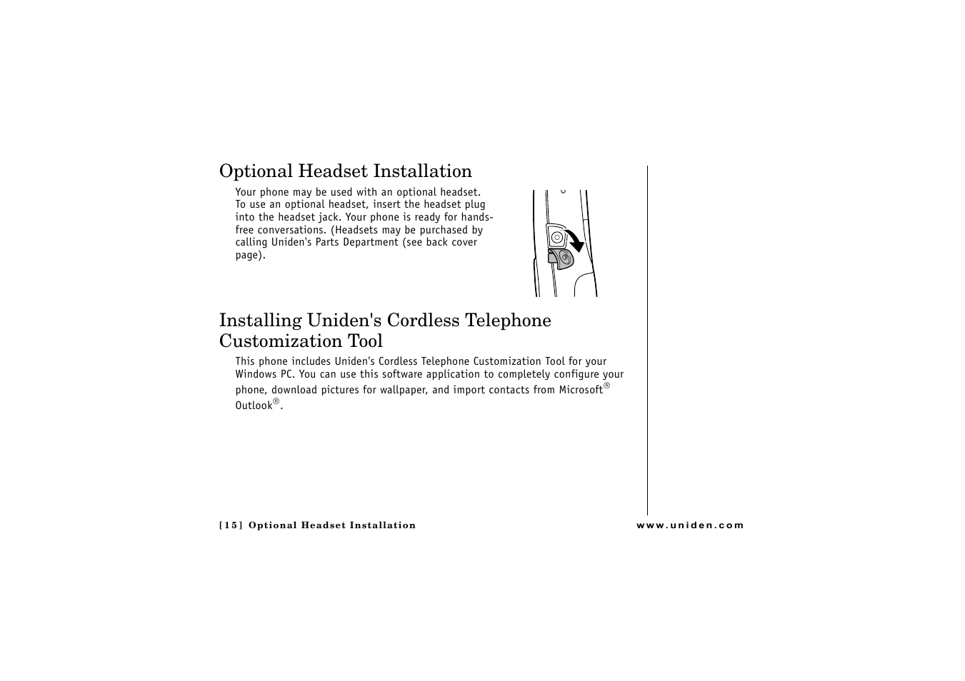 Optional headset installation | Uniden CLX475 User Manual | Page 16 / 92