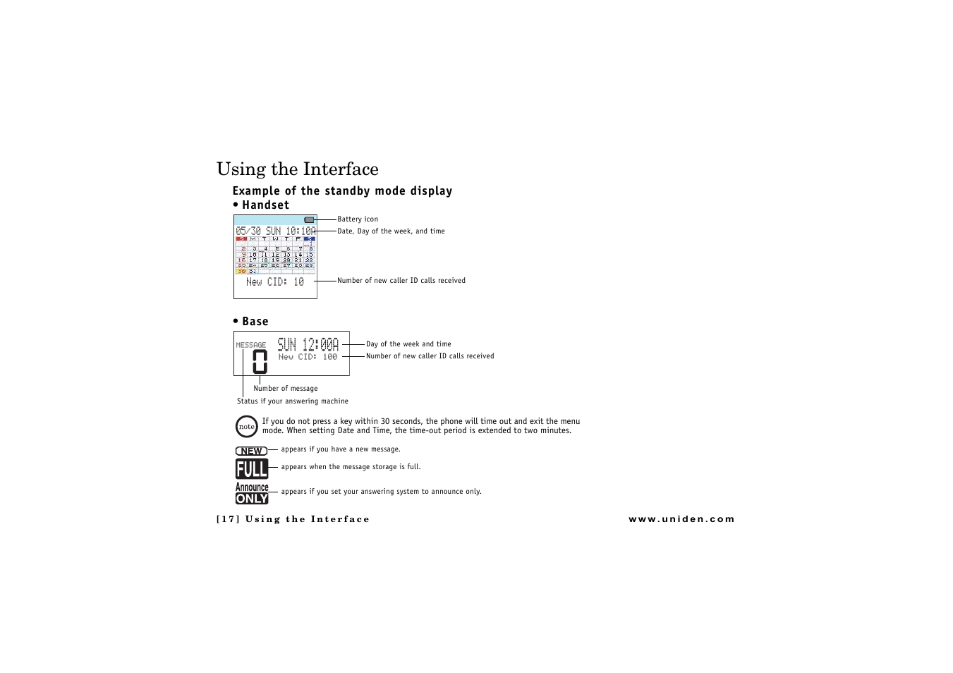 Using the interface, Example of the standby mode display | Uniden CLX475 User Manual | Page 18 / 92