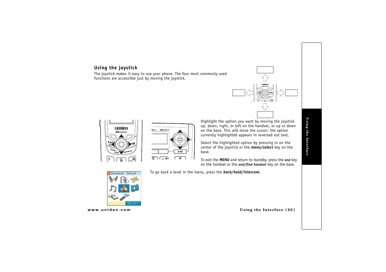Using the joystick, Om (p. 20, 4, Ck (p. 20) | P. 20, 40, P. 20 & 43), P. 20), P. 20 | Uniden CLX475 User Manual | Page 21 / 92