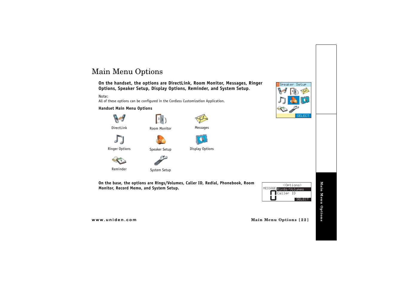 Main menu options | Uniden CLX475 User Manual | Page 23 / 92