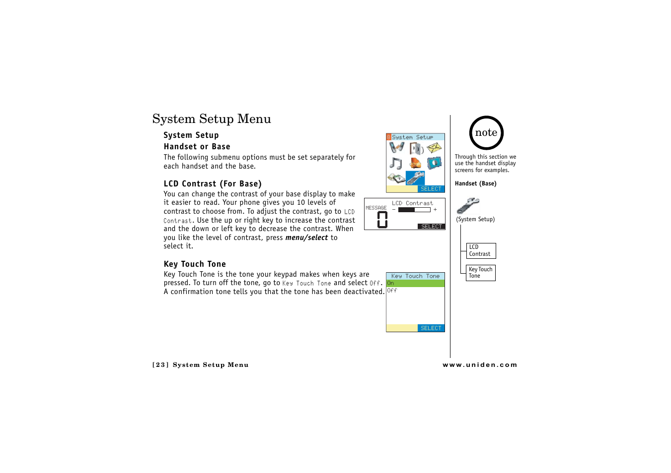 System setup menu | Uniden CLX475 User Manual | Page 24 / 92