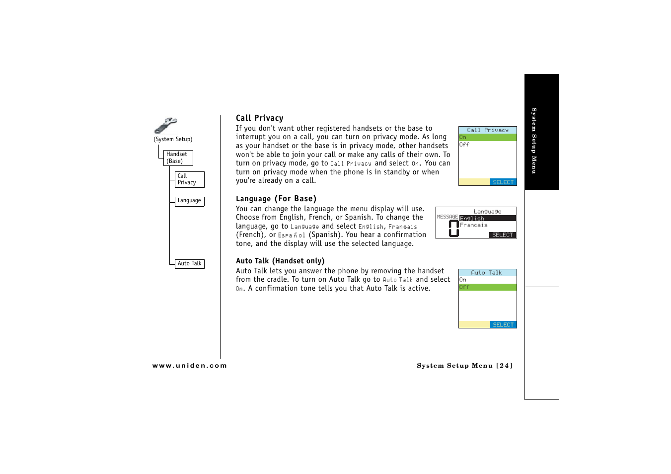 Call privacy, For base) | Uniden CLX475 User Manual | Page 25 / 92