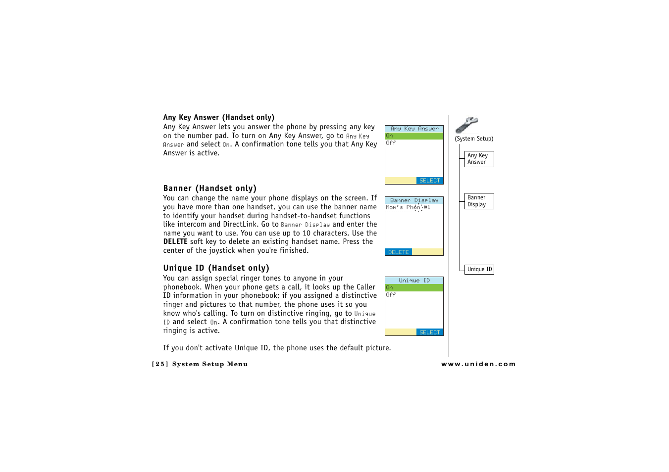 Banner (handset only), Unique id (handset only) | Uniden CLX475 User Manual | Page 26 / 92