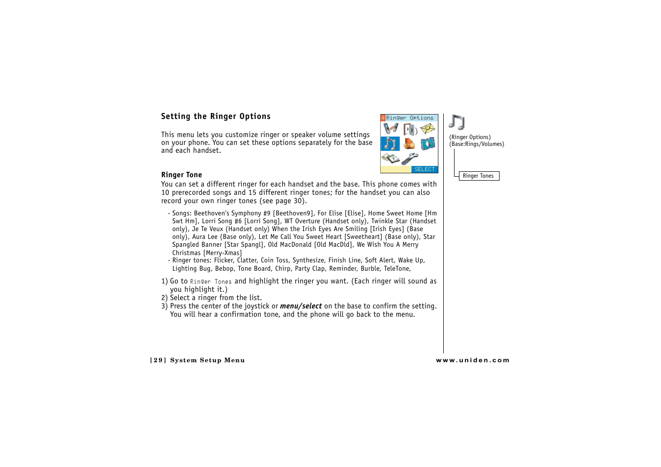 Setting the ringer options | Uniden CLX475 User Manual | Page 30 / 92