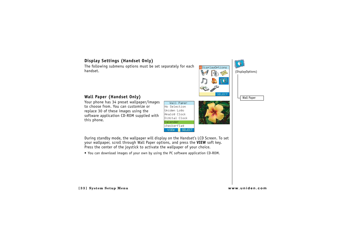 Display settings (handset only), Wall paper (handset only) | Uniden CLX475 User Manual | Page 34 / 92
