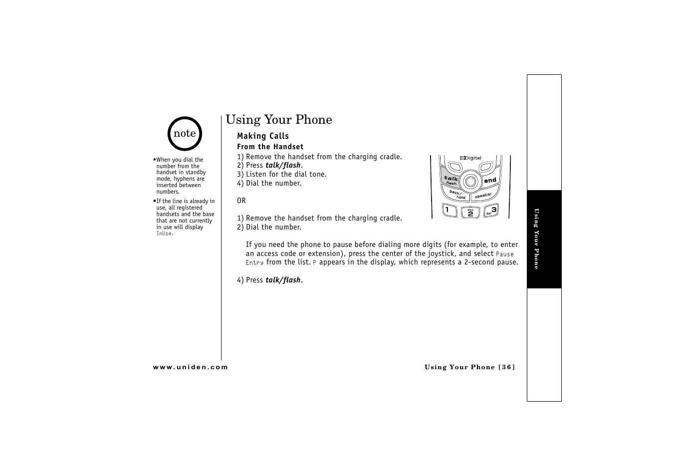 Using your phone, Making calls, Lk/flash (p. 36 & 39) | Uniden CLX475 User Manual | Page 37 / 92