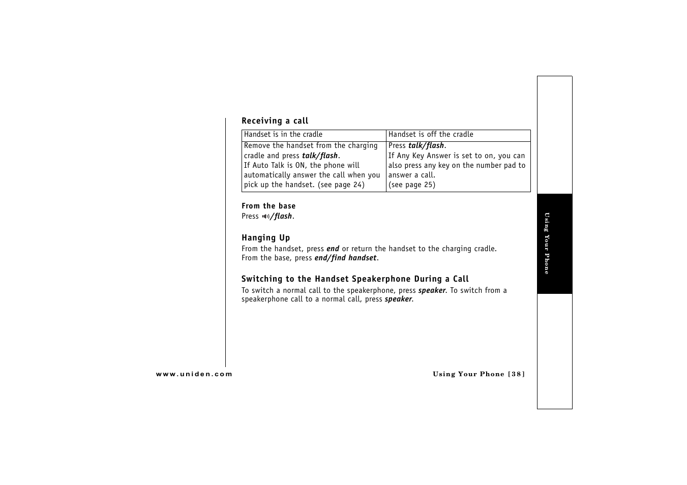 Receiving a call, Hanging up, D (p. 38 | P. 38 & 46) | Uniden CLX475 User Manual | Page 39 / 92
