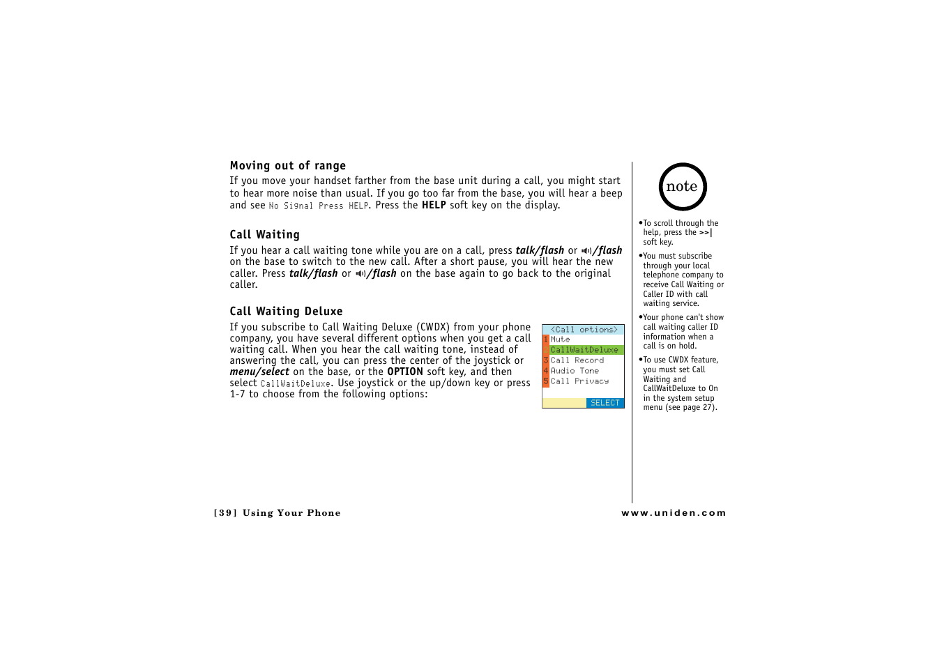 Moving out of range, Call waiting, Call waiting deluxe | Uniden CLX475 User Manual | Page 40 / 92