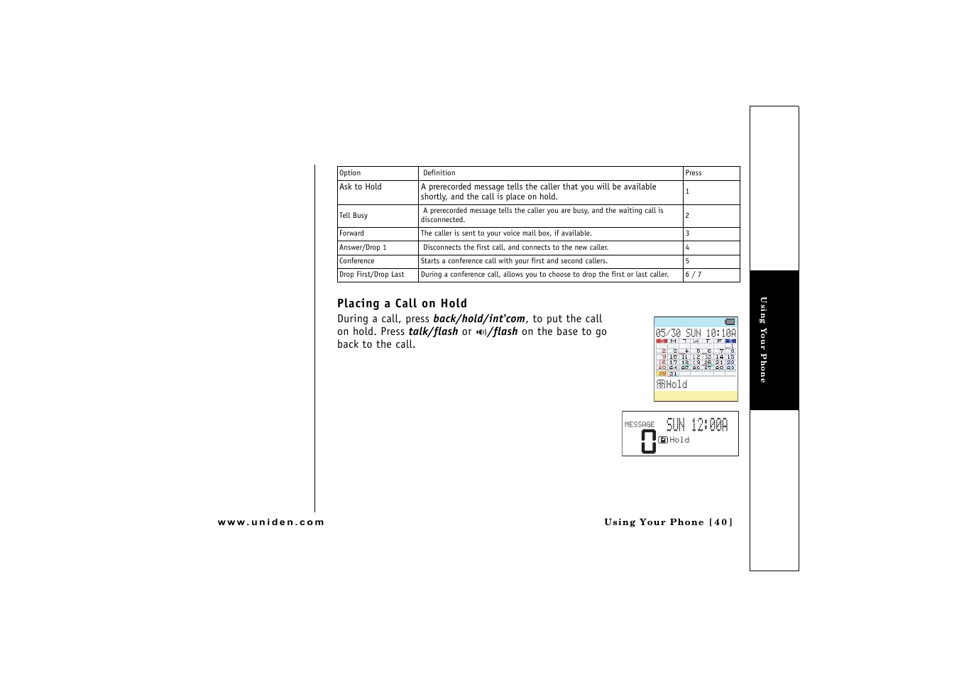 Placing a call on hold | Uniden CLX475 User Manual | Page 41 / 92