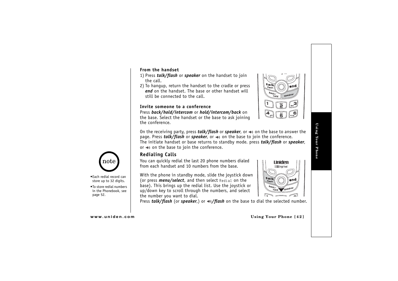 Redialing calls | Uniden CLX475 User Manual | Page 43 / 92
