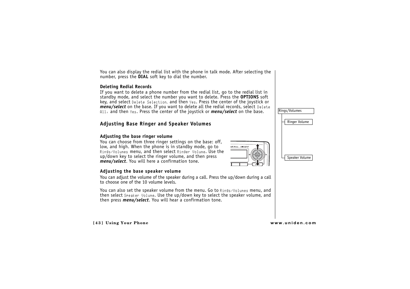 Adjusting base ringer and speaker volumes | Uniden CLX475 User Manual | Page 44 / 92