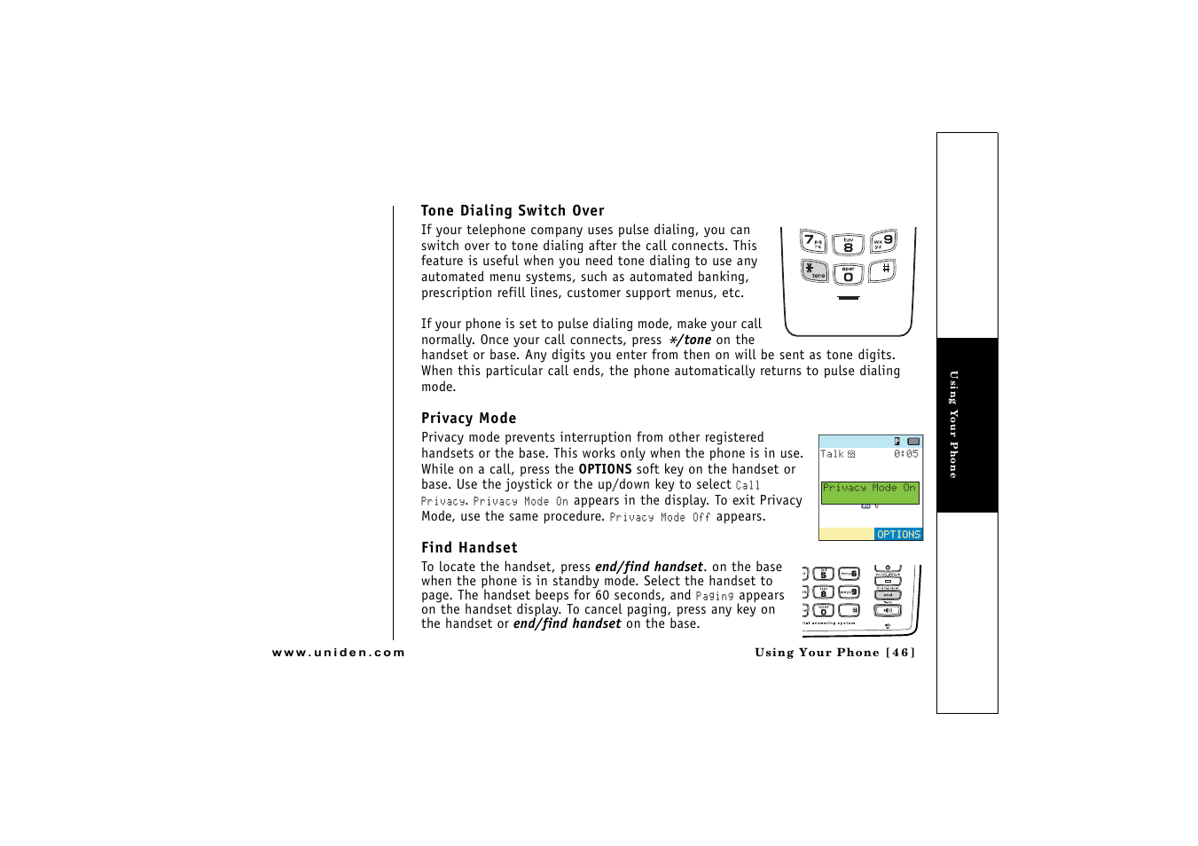 Tone dialing switch over, Privacy mode, Find handset | E (p. 46 & 57) | Uniden CLX475 User Manual | Page 47 / 92